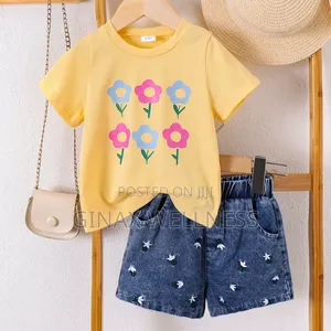 Floral Yellow Short-Sleeved T-Shirt and Jeans Shorts Set for Girls