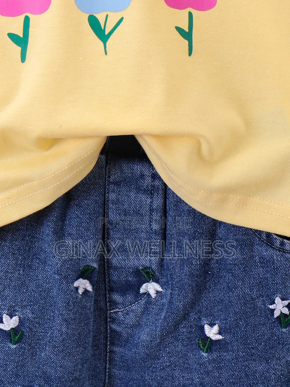 Floral Yellow Short-Sleeved T-Shirt and Jeans Shorts Set for Girls