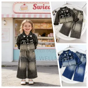 Stylish Jeans Jacket With Wide-Leg Jeans Trousers Set for Girls
