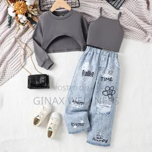 Girls Long-Sleeved Sweatshirt With Tank Top and Jeans Trousers Set