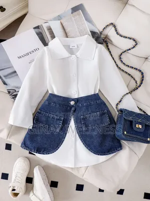 White Long-Sleeved Vintage Shirt With Jeans Skirt Set for Girls