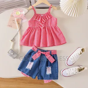 Red Check Tank Top and Ripped Jeans Shorts Set for Girls