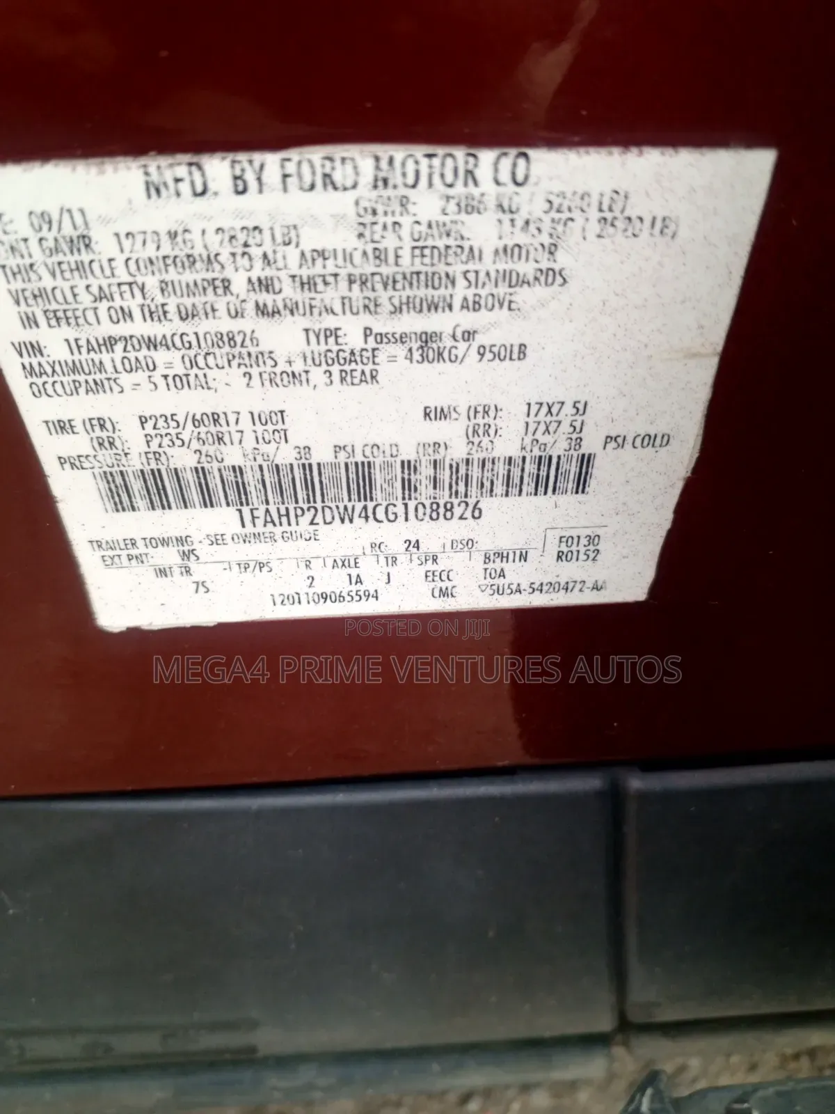 Ford Taurus Limited 2012 Red