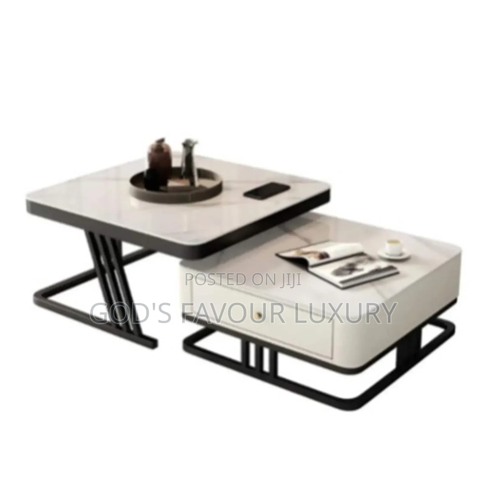 2-Tier Marble Top Coffee Table Set With Drawer Metal Frame - White