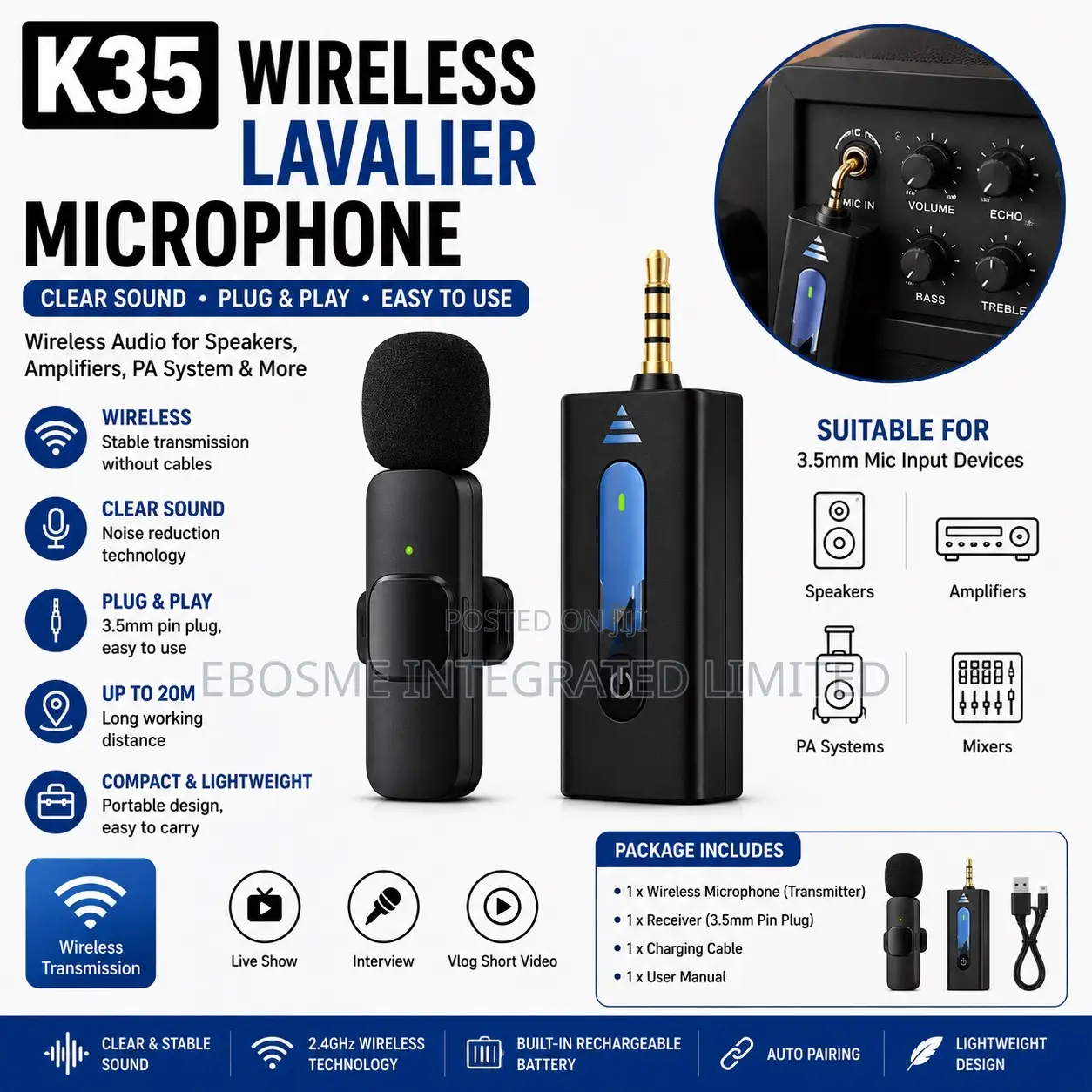 Wireless Lavalier Microphone Pin Plug