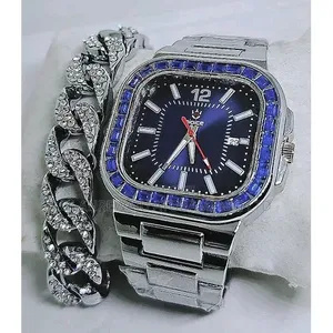 Men Silver Wristwatch + Cuban
