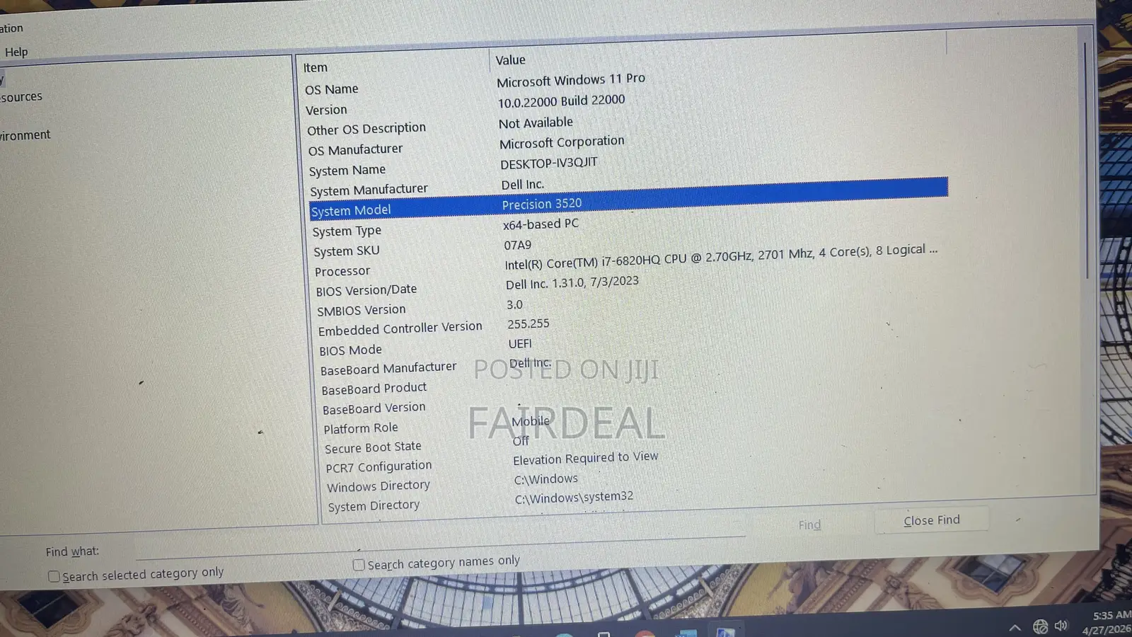 Laptop Dell Precision 3520 8GB Intel Core i7 SSD 256GB