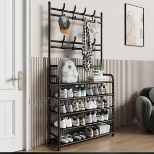 5-Tier Shoe Rack With Coat Hanger Hat Hooks – Black Multi-Rack