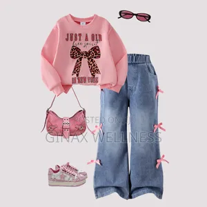 Pink Long-Sleeved Sweatshirt With Flare Jeans Set for Girls
