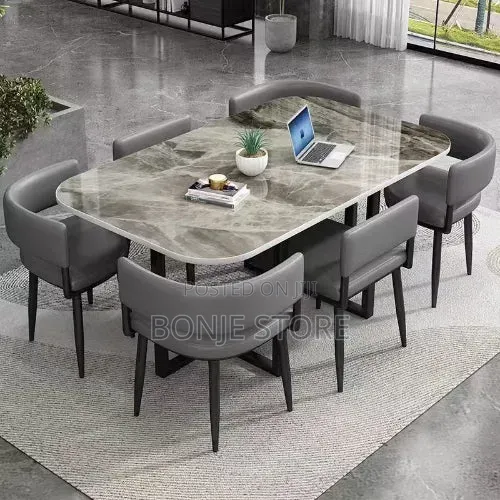 Marble-Finish Rectangular Dining Table Set With 6 Padded Chairs