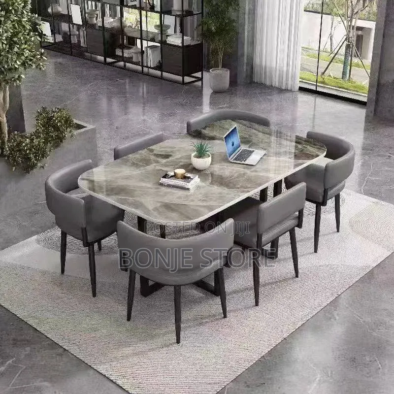 Marble-Finish Rectangular Dining Table Set With 6 Padded Chairs
