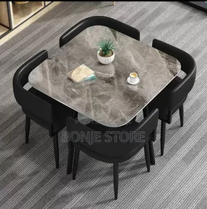 Classy Compact Marble Top 4 Seater Dining Set With Leather Chairs