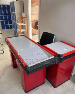 Red and White Metal Supermarket Checkout Counters With Stainless Steel
