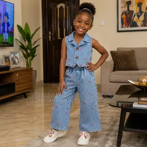 Floral Print Jeans Sleeveless Vest and Wide-Leg Trousers Set for Girls