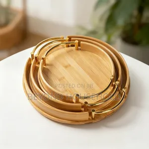 Luxury 3-Piece Round Bamboo Serving Tray Set With Elegant Gold Handles