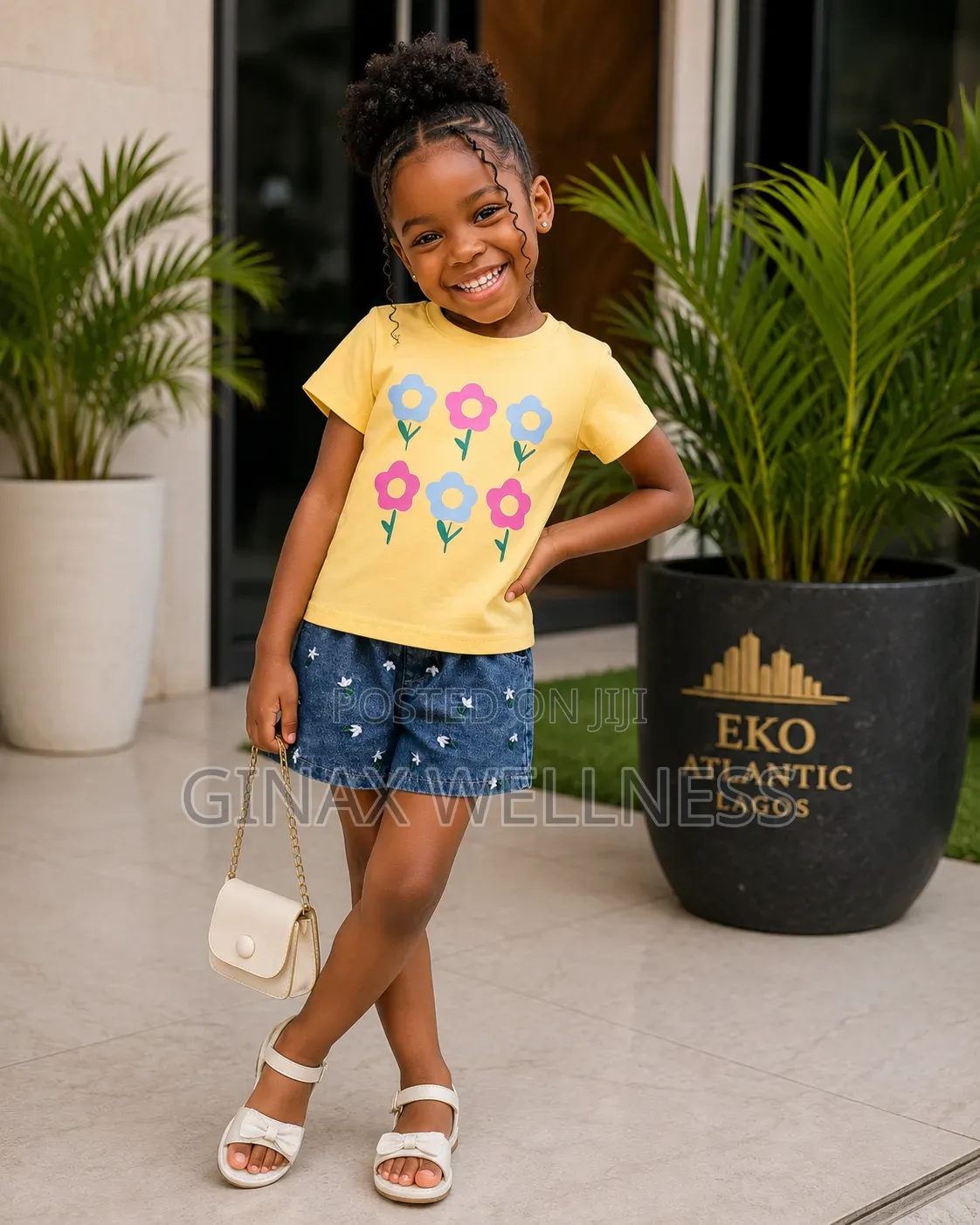 Floral Yellow Short-Sleeved T-Shirt and Jeans Shorts Set for Girls