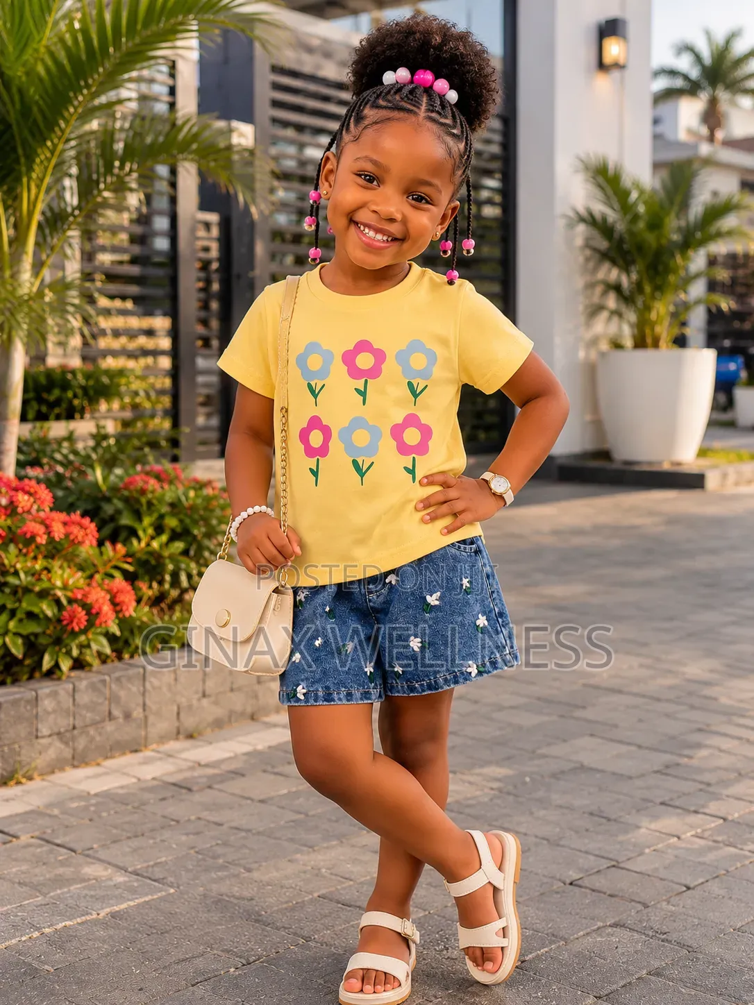 Floral Yellow Short-Sleeved T-Shirt and Jeans Shorts Set for Girls
