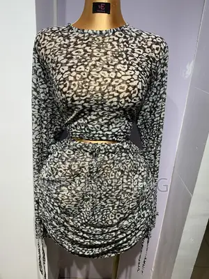 Leopard Print Mesh Two-Piece Set - Ruched Skirt Long Sleeve Crop Top