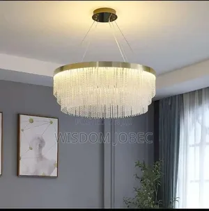 Modern Gold-Plated Round Crystal Chain Chandelier.