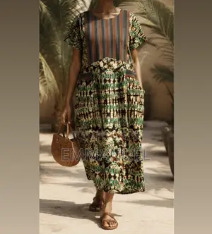 Brown/Cream Patterned Dress With Striped Chest Panel