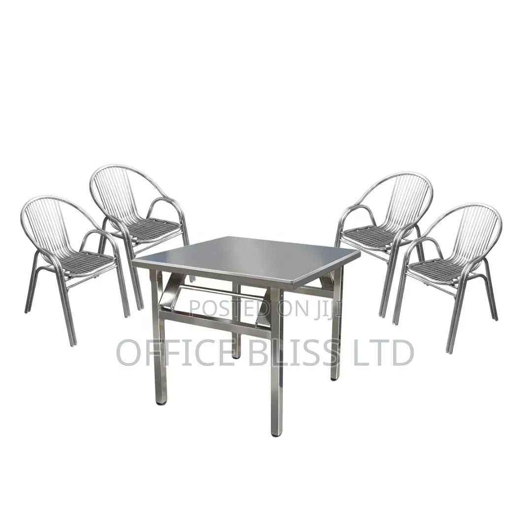 A Set of Outdoor Stainless Folding Table 4 Stackable Chairs