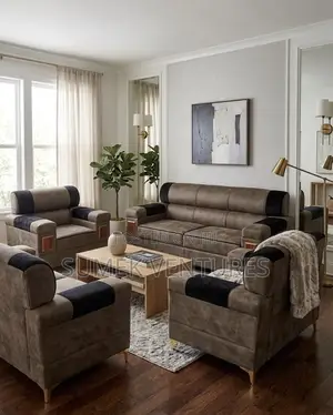 Modern Brown Black 7-Seater Fabric Couch Set