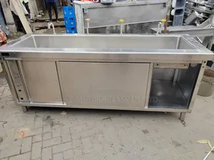 Commercial Sink With 4-Faucets and Sliding Cabinet Doors for Storage