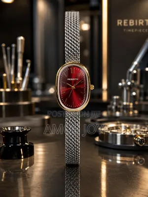 Rebirth Ladies Oval Watch Gold Mesh Strap With Red Dial