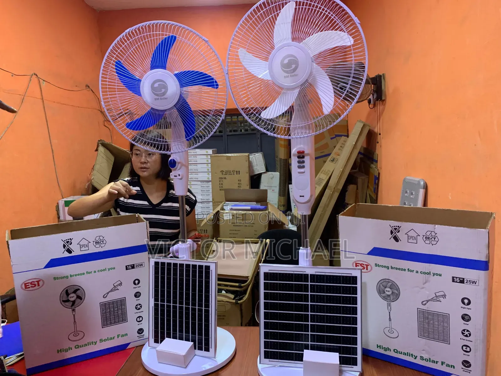 Stay Cool Without Nepa–Solar Standing Fan + Panel + 2bulbs