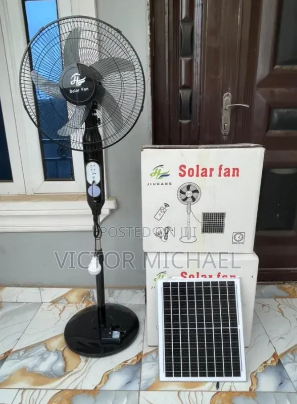 Stay Cool Without Nepa–Solar Standing Fan + Panel + 2bulbs