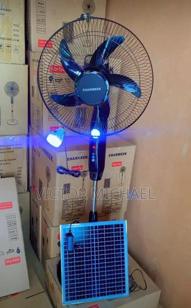 Stay Cool Without Nepa–Solar Standing Fan + Panel + 2bulbs
