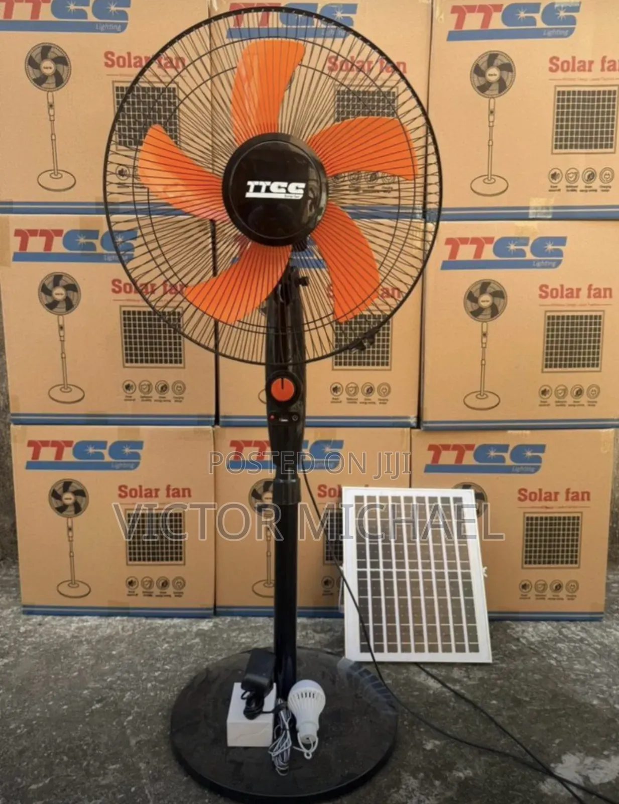 Stay Cool Without Nepa–Solar Standing Fan + Panel + 2bulbs