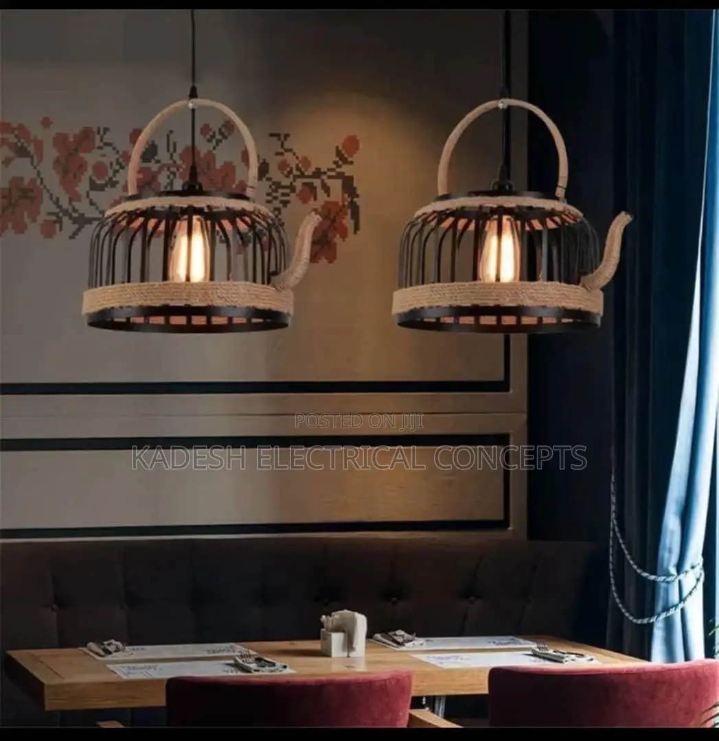 Teapot Pendant Lamp Kitchen Bar Dining Room Rope Rattan Pendant Light