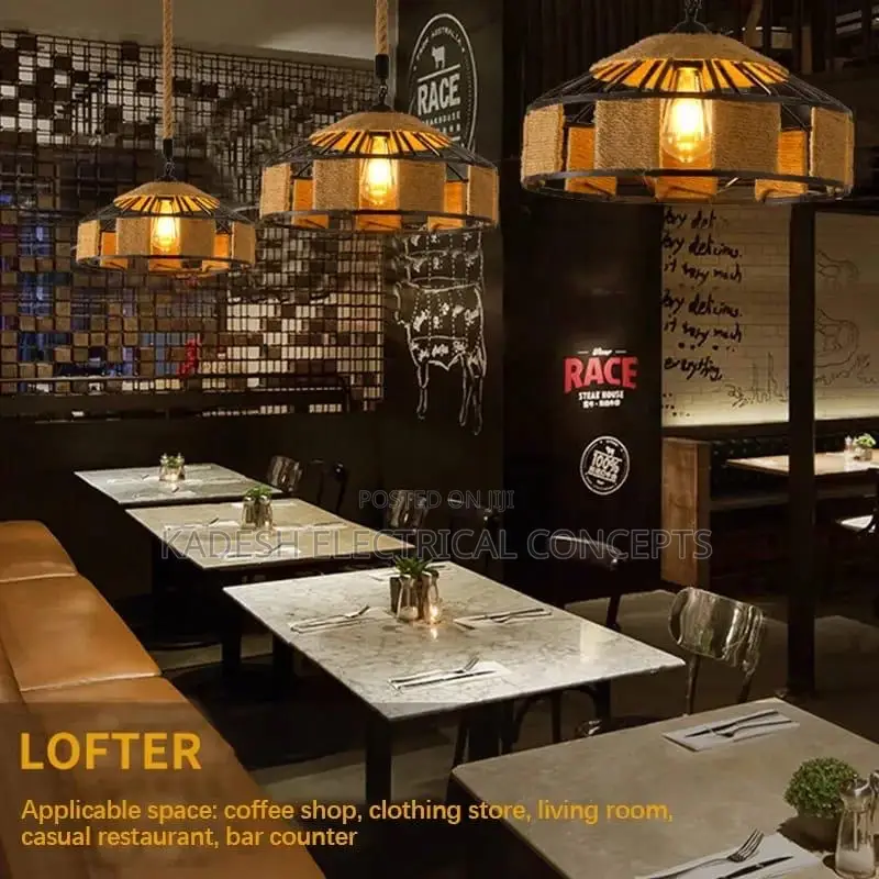 Hemp Rope Retro Ceiling Light Industrial Style Iron Restaurant Bar