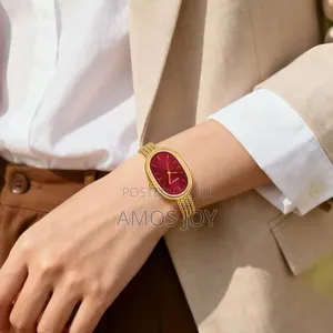 Rebirth Ladies Oval Watch Gold Mesh Strap With Red Dial