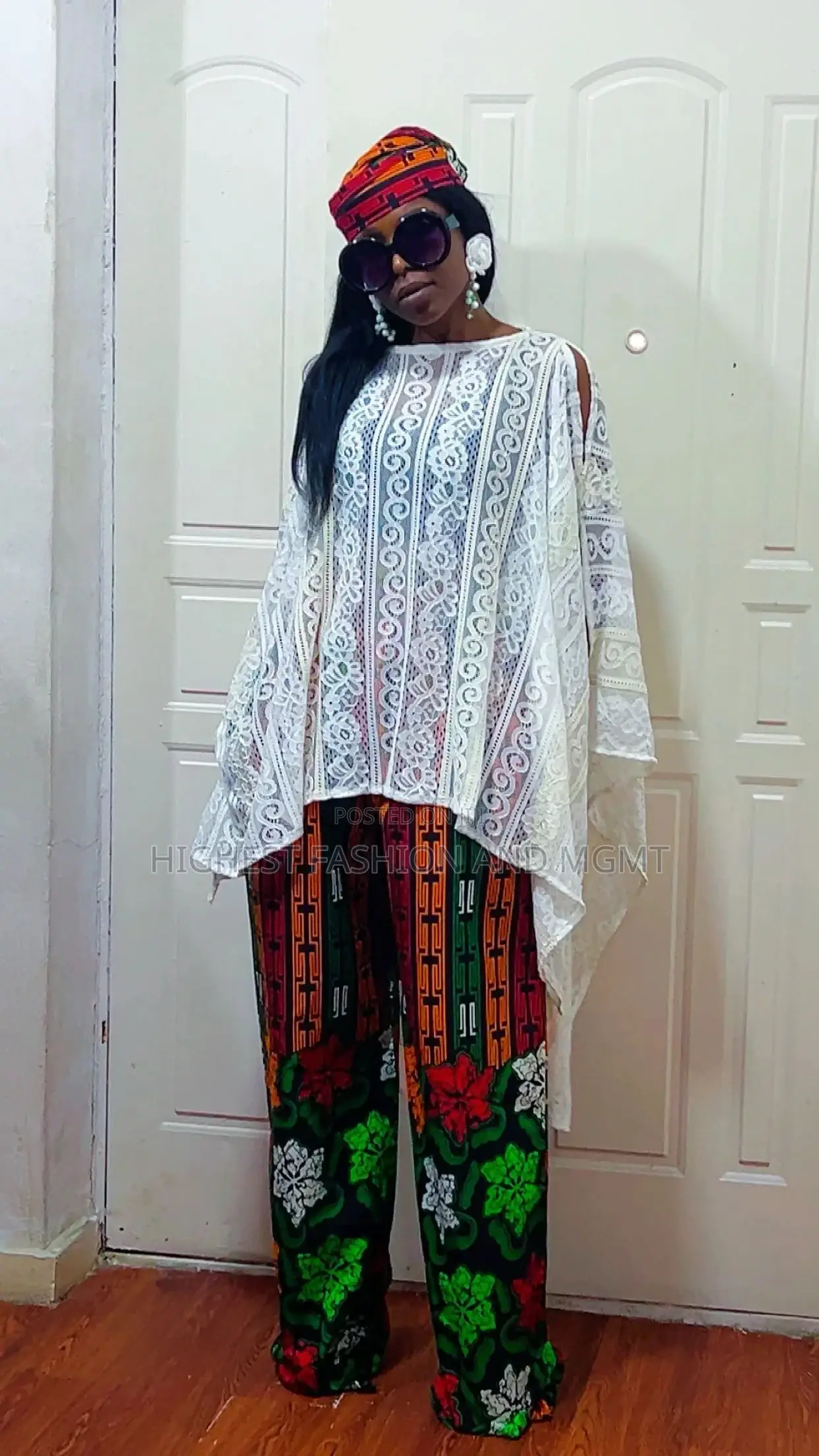 White Cut-Shoulder Top and Ankara Trouser - Style 442
