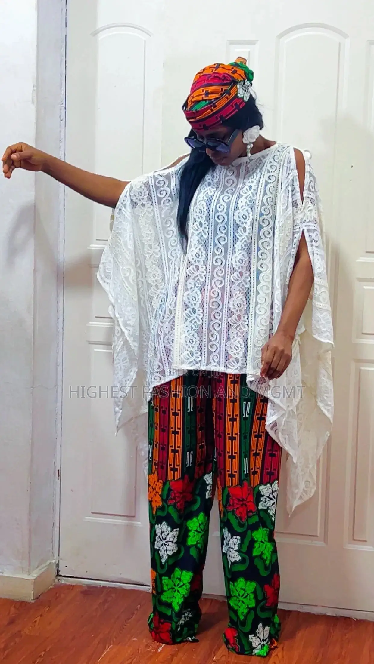 White Cut-Shoulder Top and Ankara Trouser - Style 442