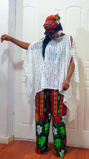 White Cut-Shoulder Top and Ankara Trouser - Style 442