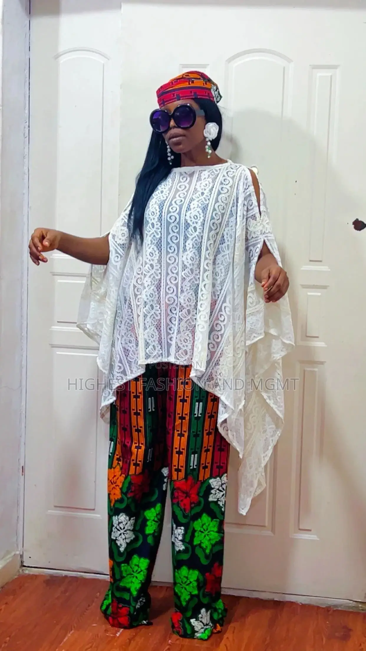 White Cut-Shoulder Top and Ankara Trouser - Style 442