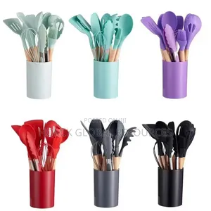 12pcs Silicone Non-Stick Cooking Spoon Set With Wooden Handle