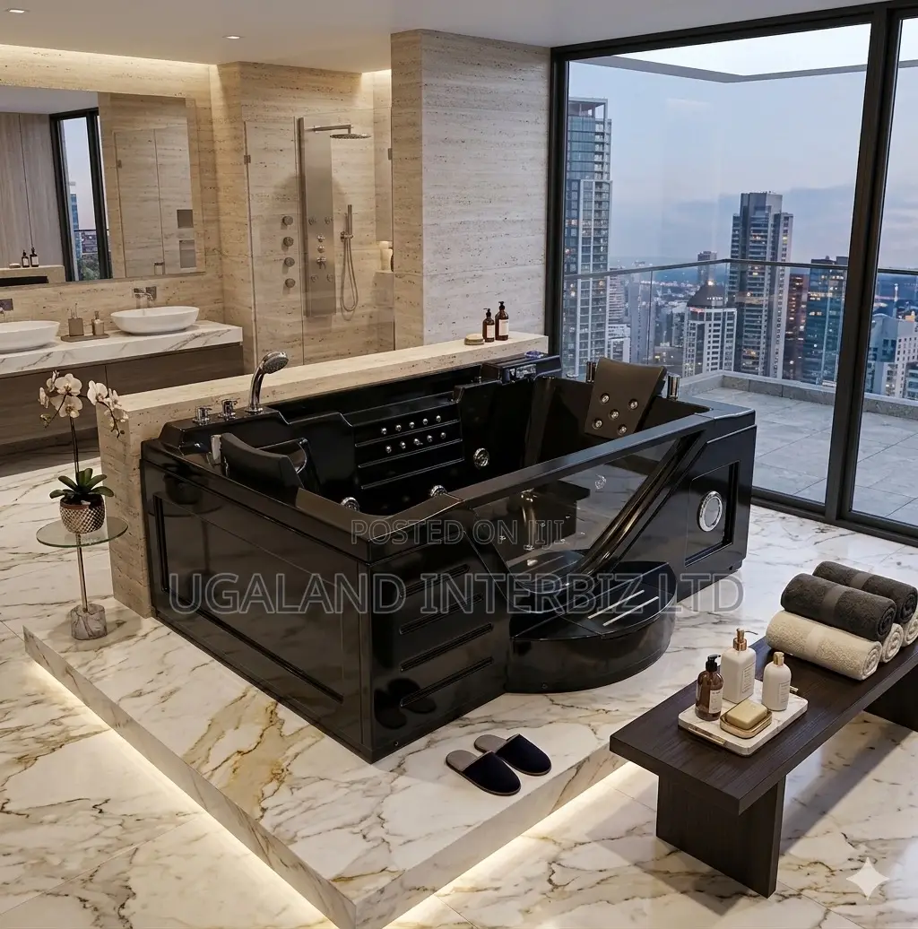 Executive Black Jacuzzi With Built in Step and Padded Headrest