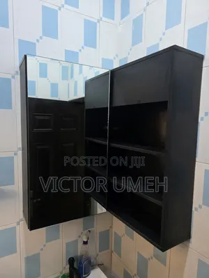 Modern Black Wooden Bathroom Mirror Cabinet With Shelves