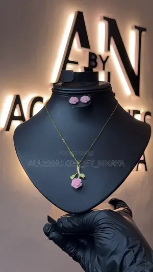 Pink Rose Pendant Necklace Earring Set - Gold-Tone
