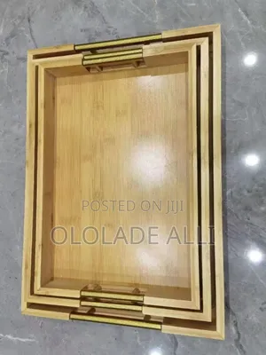 3 Set Wooden Tray With Gold Handle