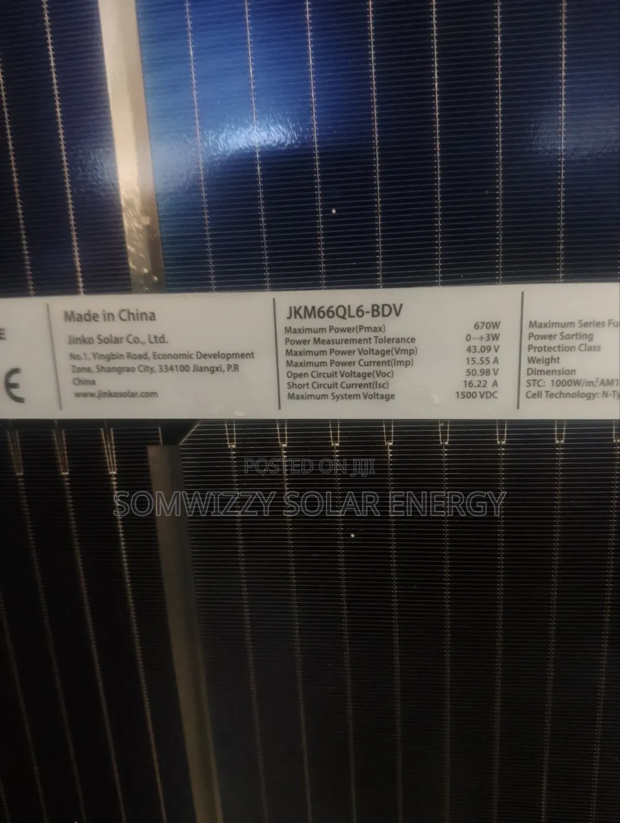 Original 670 Watts Jinko Panel. Bifacial Panel