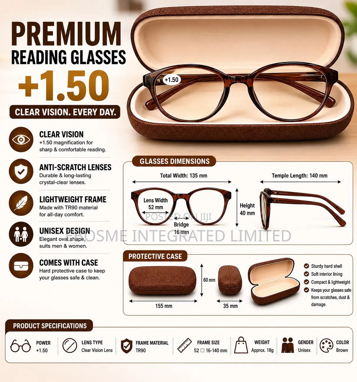 Premium Reading Glasses +1.50 With Protective Case