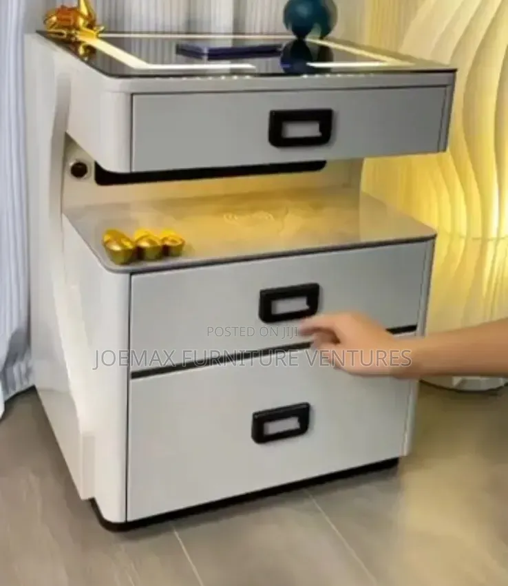 Fireproof Side Drawer With Wireless Charger and Bluetooth Speaker.