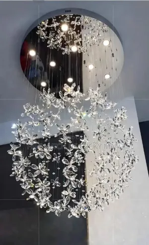 Round Led Crystal Flower Chandelier With Hanging Crystal Ball Drops.