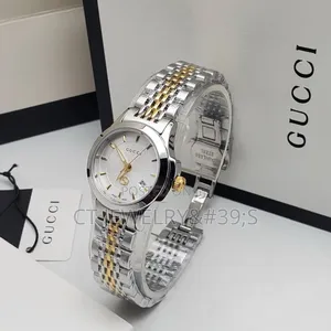 Gucci Style Two Tone Quartz Watch Silver Gold Stainless Steel Strap