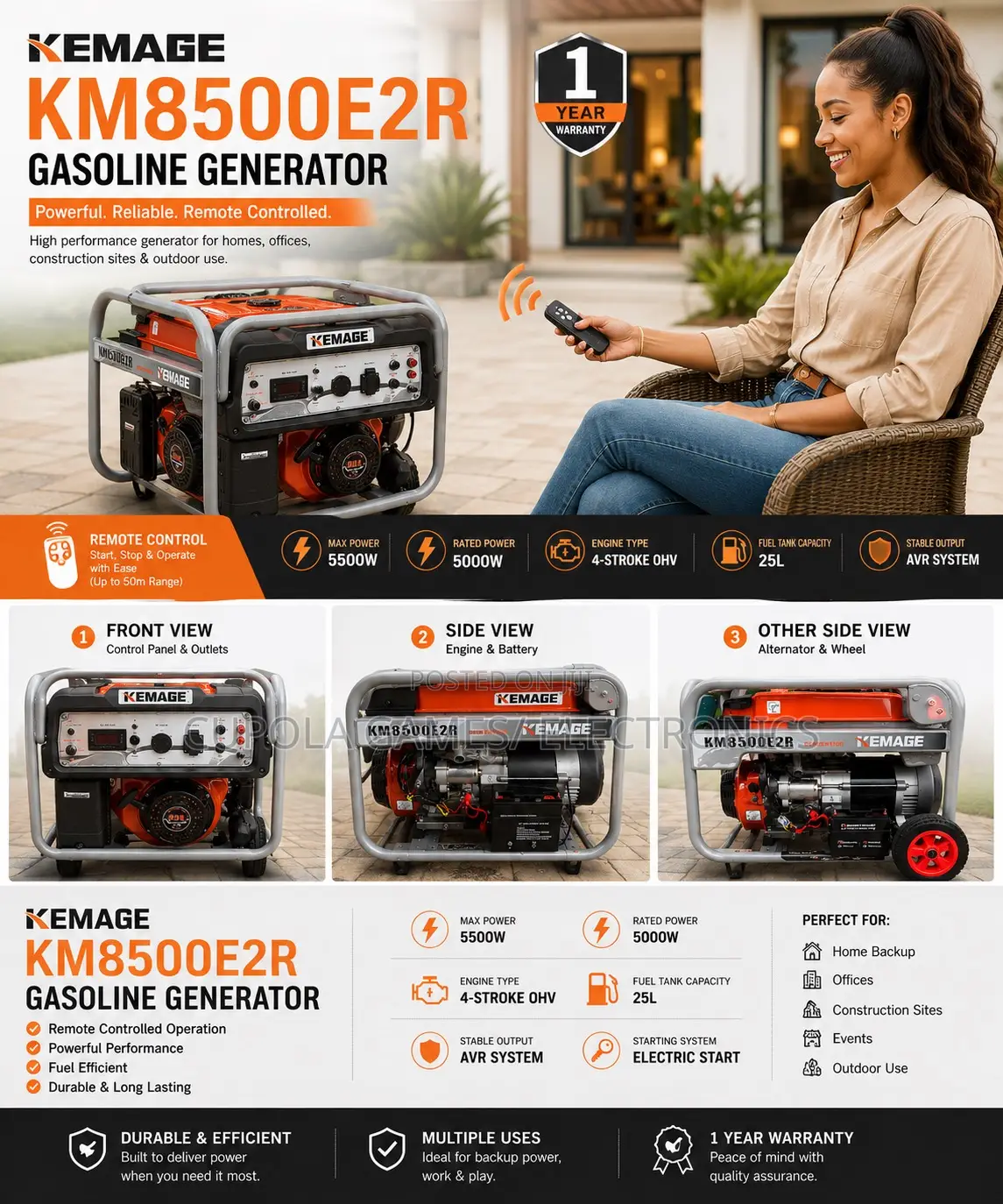 Kemage 6.5kva Remote-Control Generator Copper Coil”